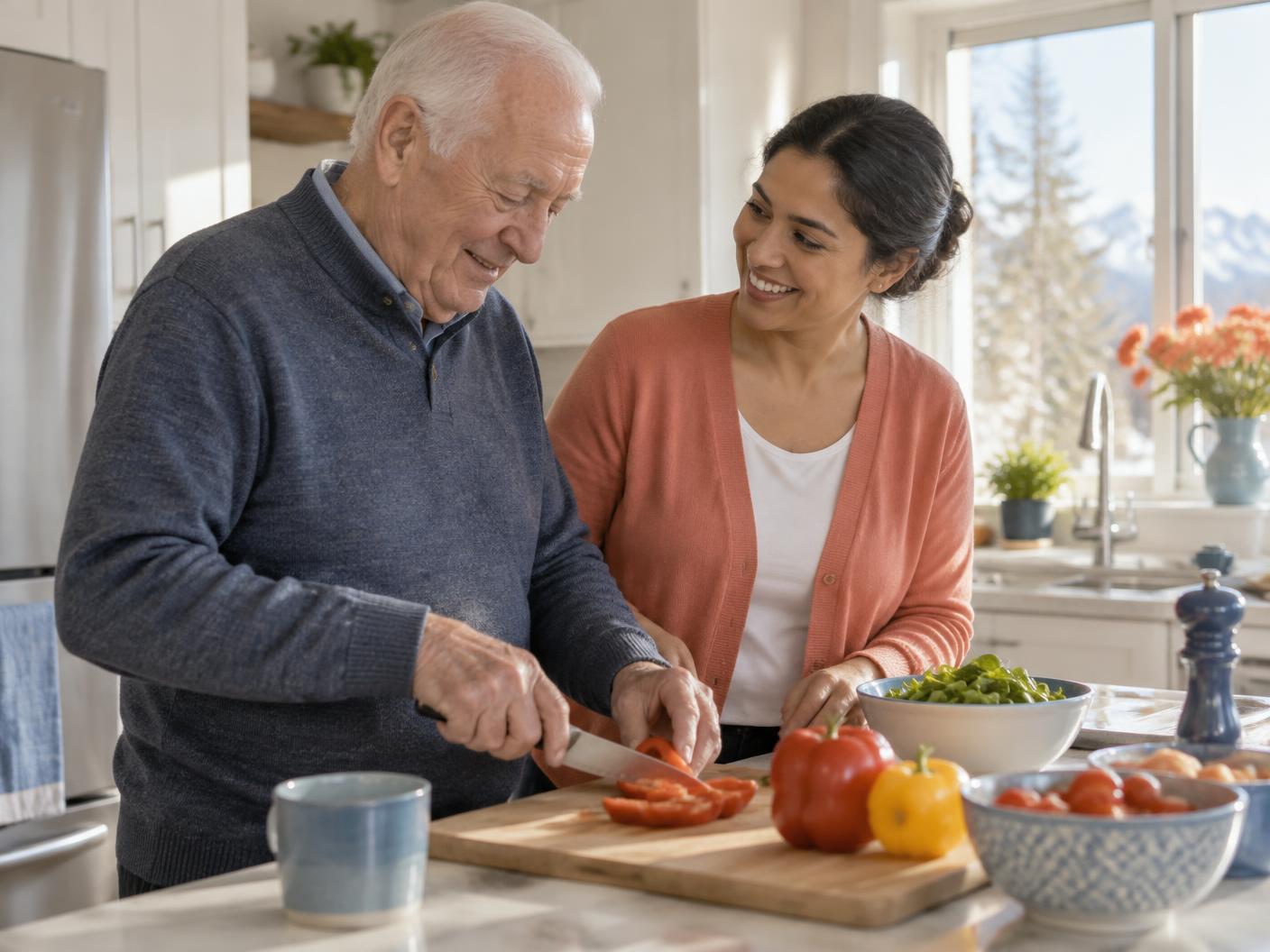 Caregiver and older adult preparing a meal together