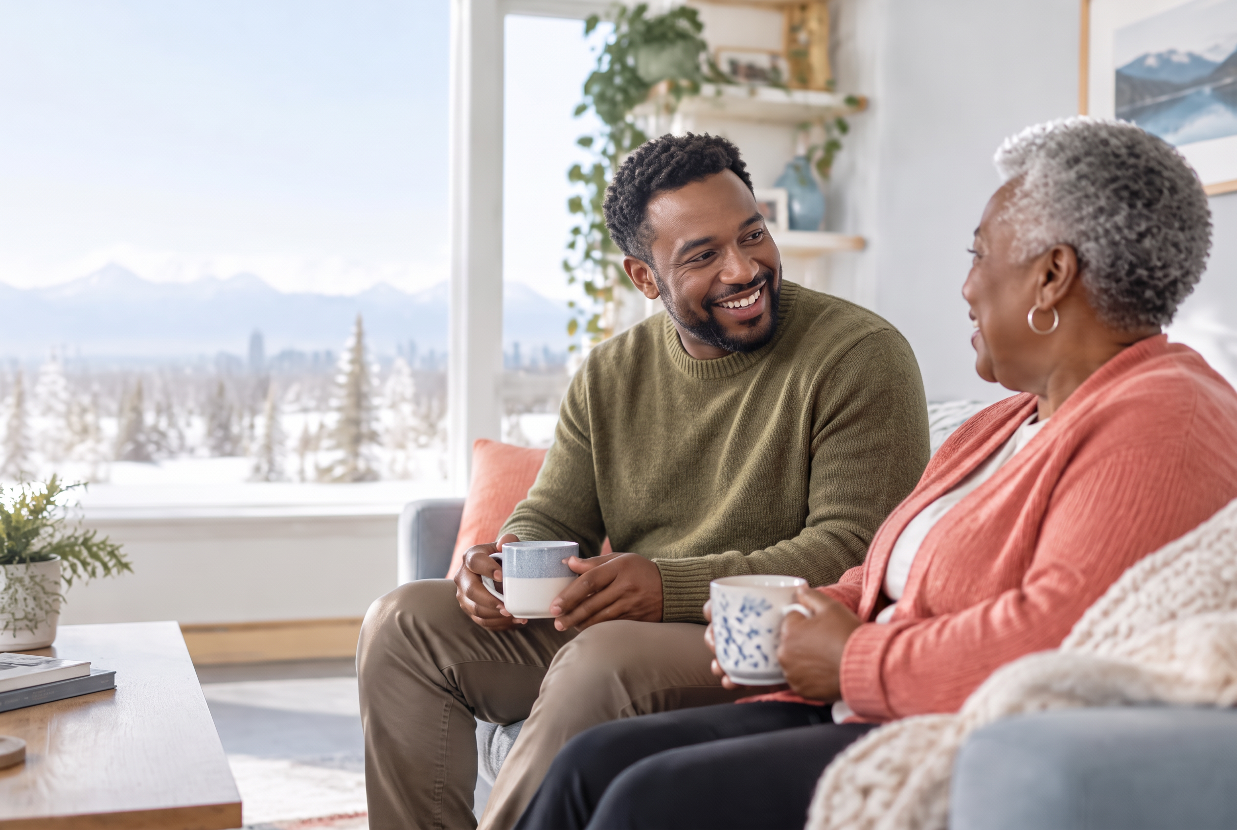 Caregiver and client enjoying a conversation at home